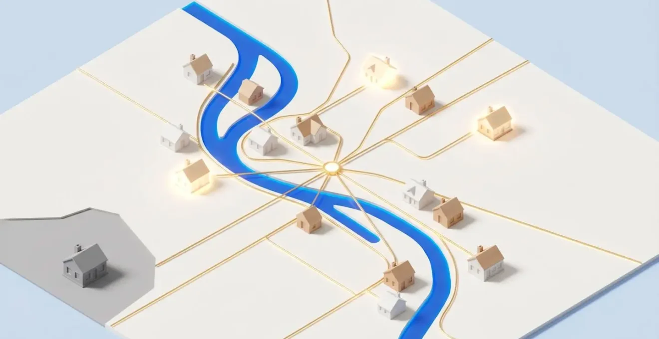 Illustration 3D isométrique d'une carte de Rouen avec maisons miniatures interconnectées par un réseau lumineux doré convergeant vers un point central, symbolisant un groupement d'agences immobilières.