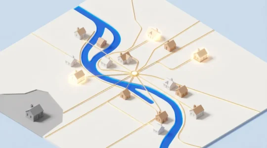 Illustration 3D isométrique d'une carte de Rouen avec maisons miniatures interconnectées par un réseau lumineux doré convergeant vers un point central, symbolisant un groupement d'agences immobilières.