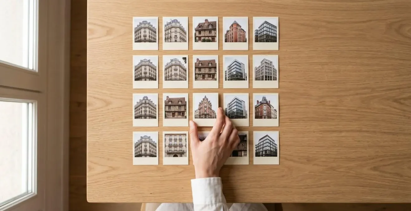 Vue de dessus d'une table en bois clair avec une grille de cartes immobilières miniatures montrant différentes façades, une main pointant délicatement l'une d'elles.