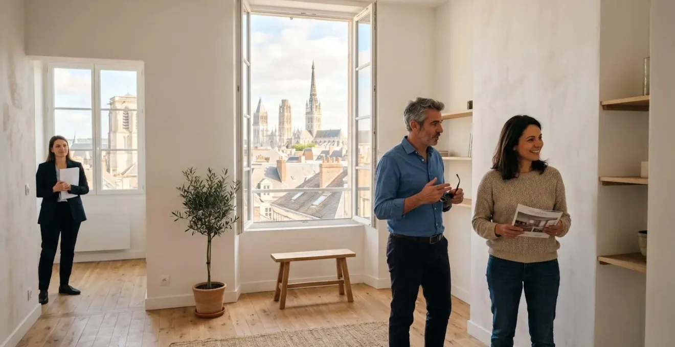 Couple de visiteurs découvrant un appartement lumineux lors d'une visite organisée par une agence immobilière à Rouen