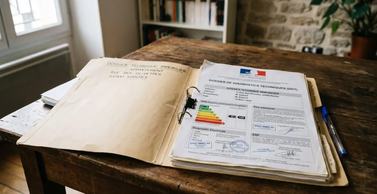Dossier de diagnostics techniques immobiliers ouvert sur une table, incluant le DPE et le constat plomb, pour une vente à Rouen