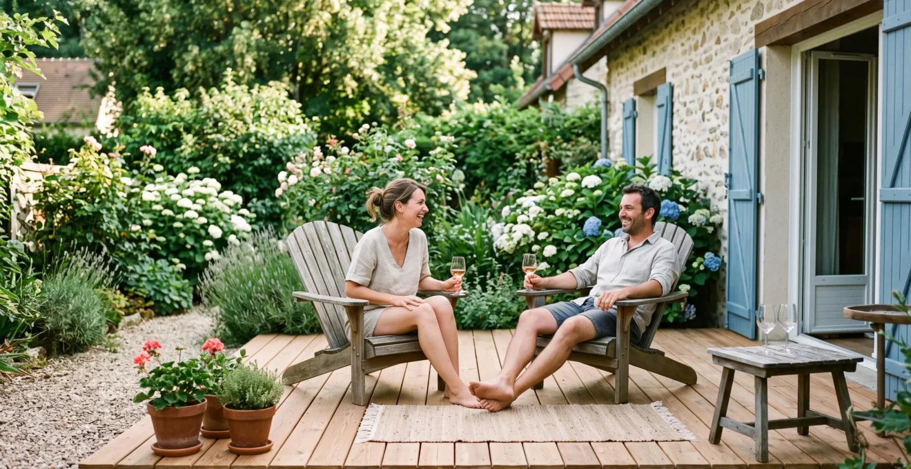 Personnes profitant d'un aménagement de jardin récemment réalisé lors d'une journée d'été, projet concrétisé grâce à une épargne planifiée